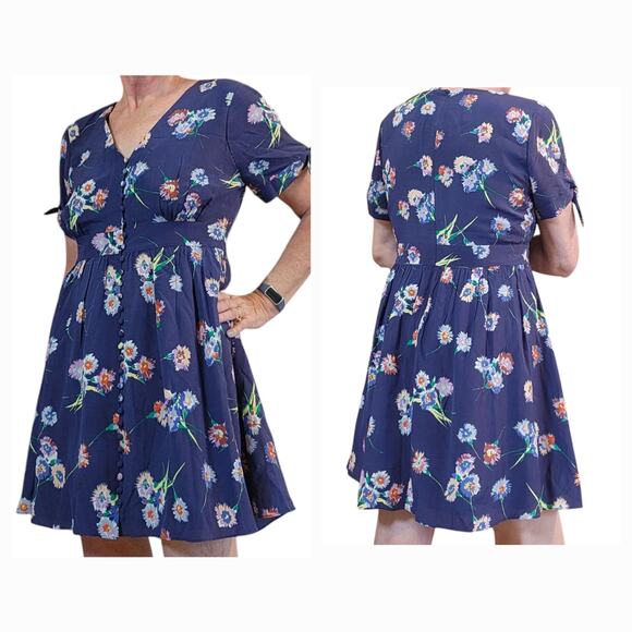 Madewell Silk Floral Mini Dress, button-front, tie-sleeve, retro-fit, size 12 - Picture 3 of 15